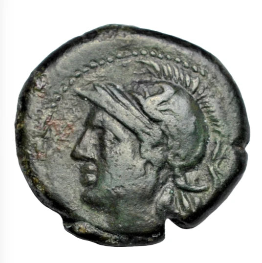 Greek, Bruttium, Rhegion, AE pentonkia, c. 215 BC, Athena facing left/Athena standing