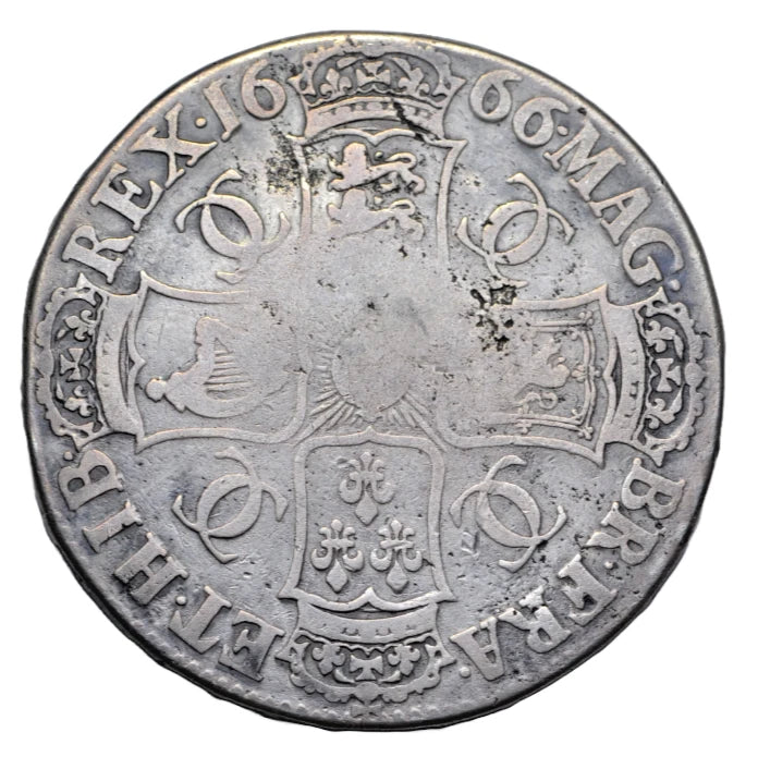British, Charles II, silver crown 1666, edge reads XVIII, year of Great Fire of London