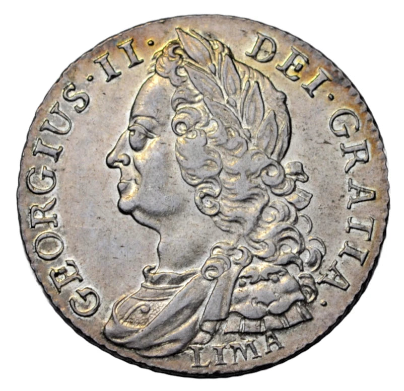British, George II, old head shilling 1745 LIMA, better than EF, lustrous