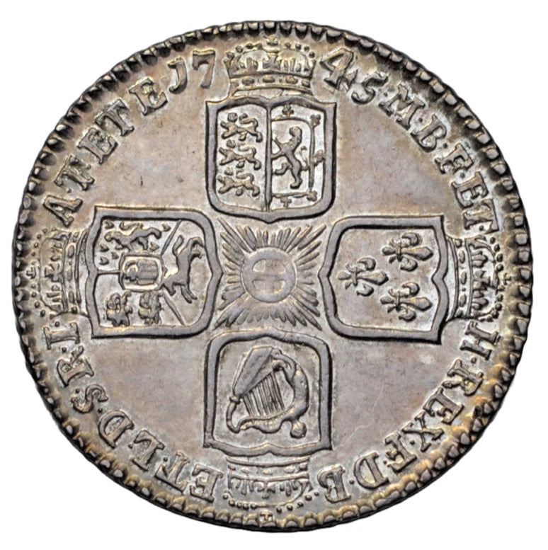 British, George II, old head shilling 1745 LIMA, better than EF, lustrous