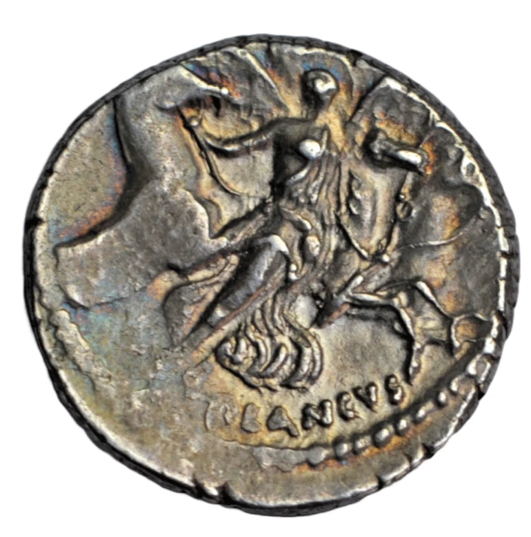 Roman Republican, Roman Republic, L. Plautius Plancus, AR denarius 47 BC, Gorgon Medusa/Aurora
