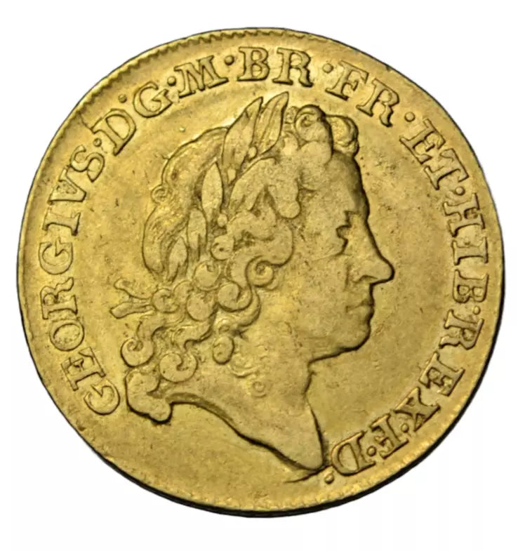 British, George I, gold guinea 1715, second bust, single curl under truncation