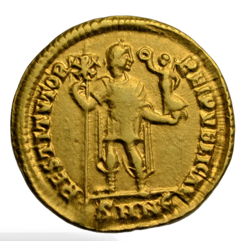 Roman Imperial, Valens, gold solidus, Nicomedia, 5th officina, 364 AD, Emperor standing left
