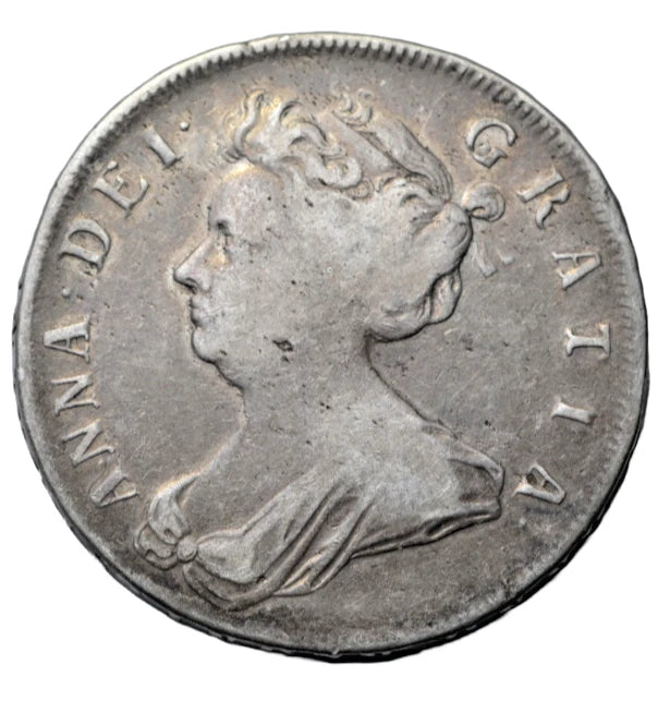 British, Anne, silver halfcrown 1708, plumes, edge reads SEPTIMO