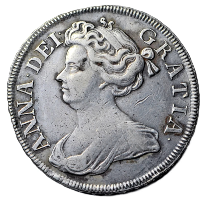 British, Anne, silver halfcrown 1714, roses and plumes, edge reads DECIMO TERTIO
