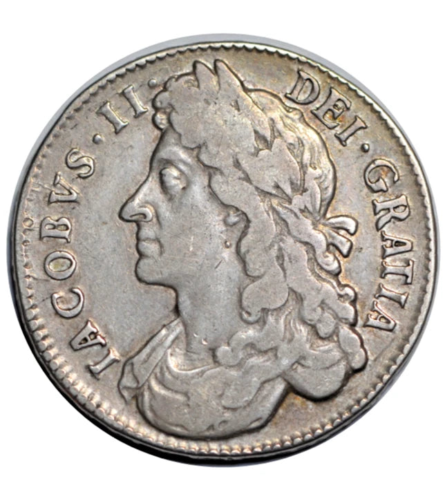 British, James II, silver halfcrown 1687, first bust, edge reads TERTIO (regnal year 3)