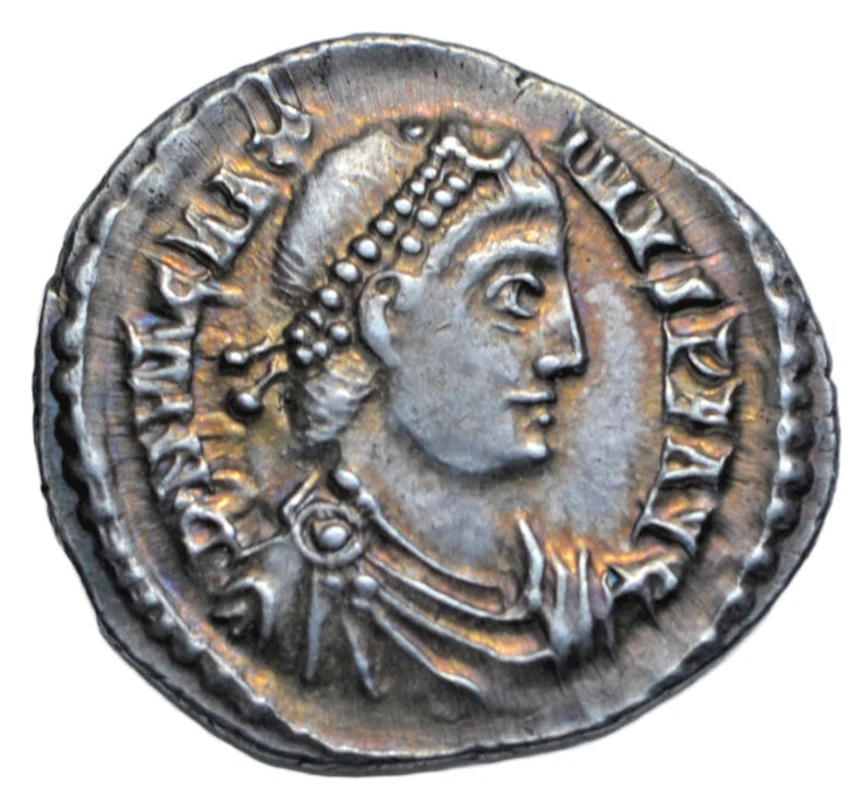 Roman Imperial, Magnus Maximus, AR siliqua, Trier 383-8 AD, Roma enthroned facing