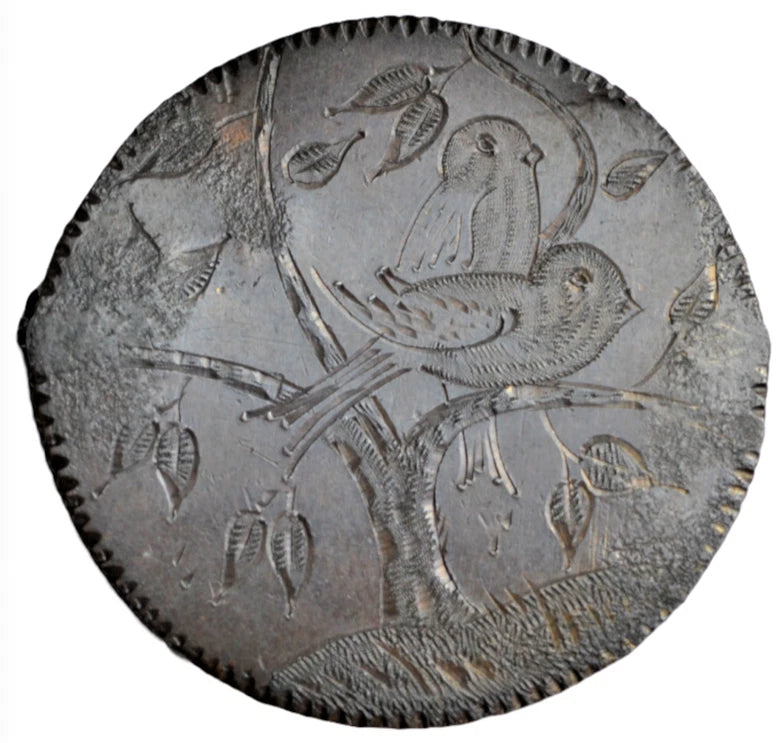 British tokens, Victoria, bun penny c. 1890s, engraved as a love token, two birds in a tree