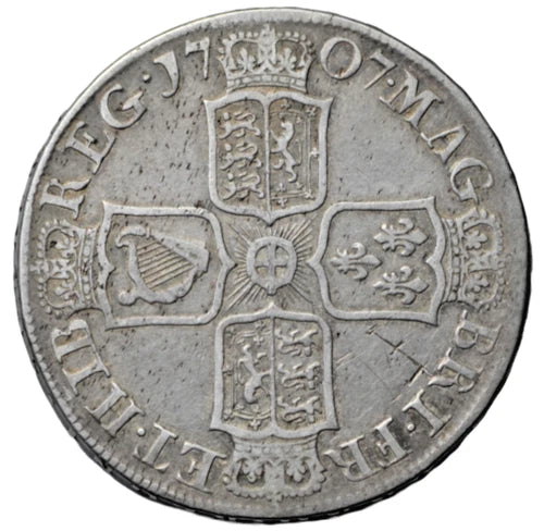British, Anne, silver halfcrown 1707, post-union, plain angles, edge reads SEPTIMO