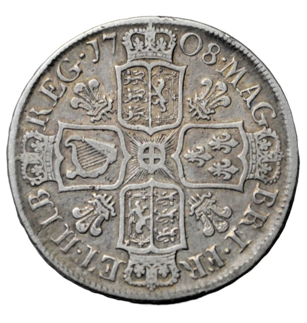 British, Anne, silver halfcrown 1708, plumes, edge reads SEPTIMO