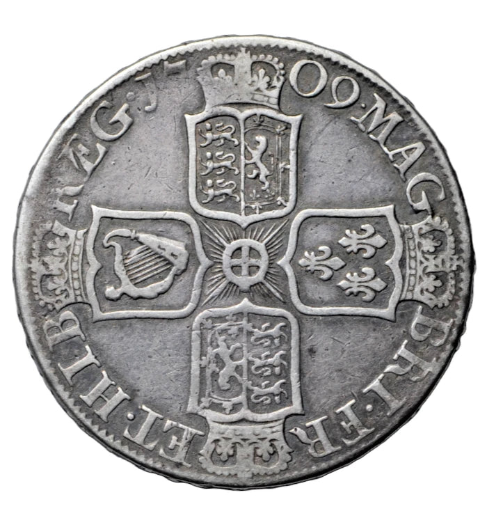 British, Anne, silver halfcrown 1709, plain angles, edge reads OCTAVO