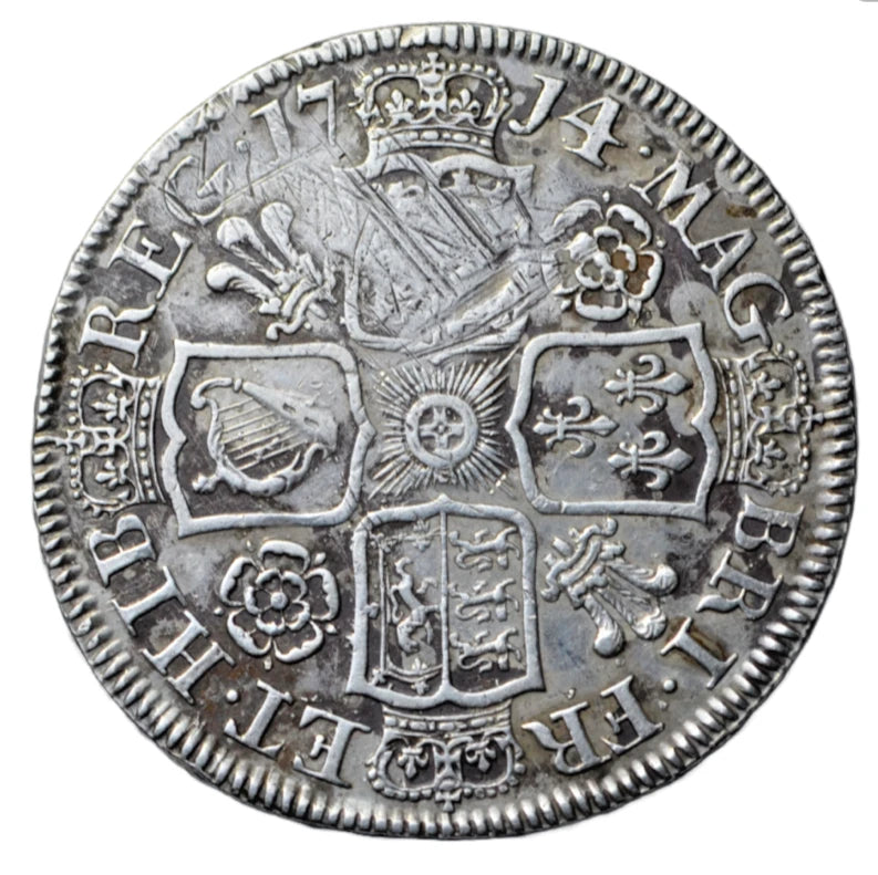 British, Anne, silver halfcrown 1714, roses and plumes, edge reads DECIMO TERTIO