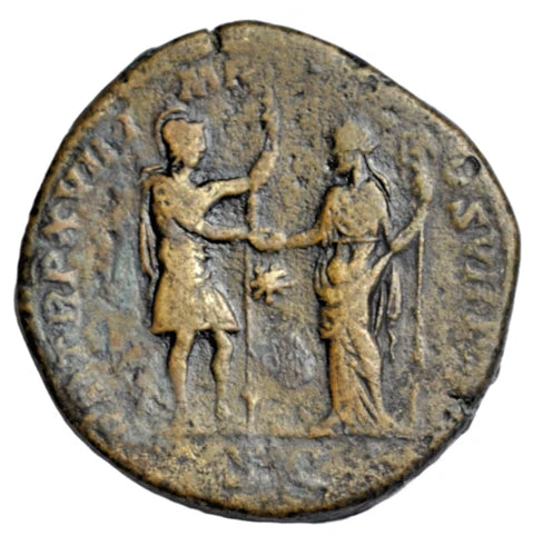 Roman Imperial, Commodus, AE sestertius, Rome, 192 AD, Roma and Fides shaking hands
