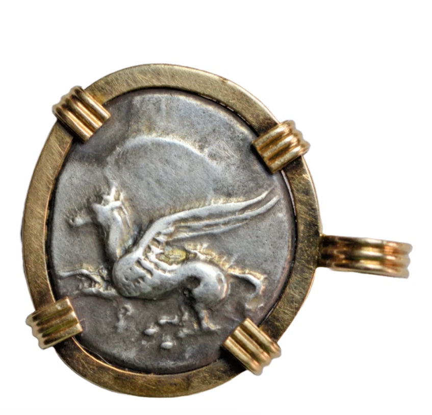 Greek, Corinth, AR stater, c. 400-357 BC, Athena, dolphin/Pegasus, in 14ct gold mount