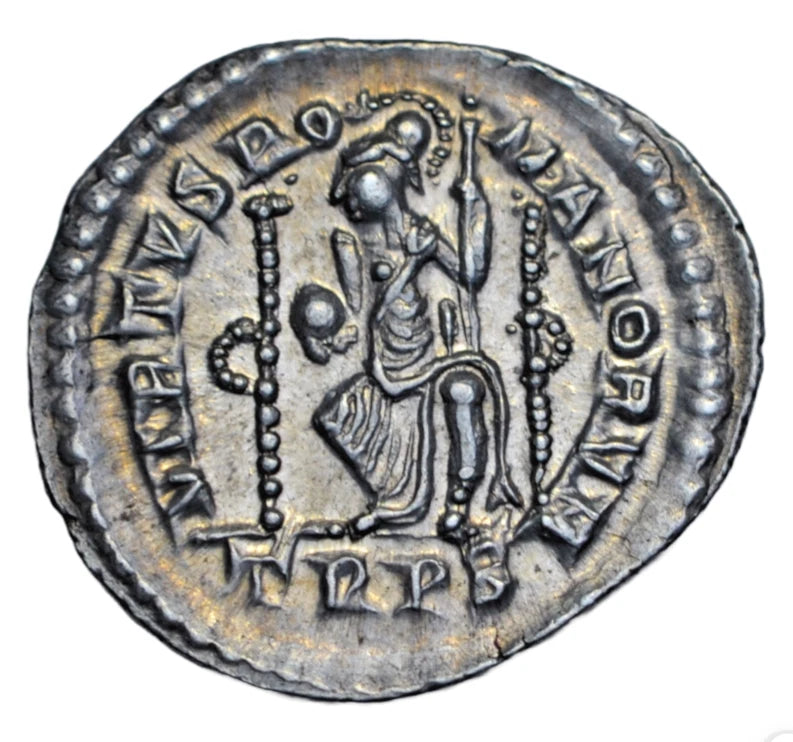 Roman Imperial, Magnus Maximus, AR siliqua, Trier 383-8 AD, Roma enthroned facing