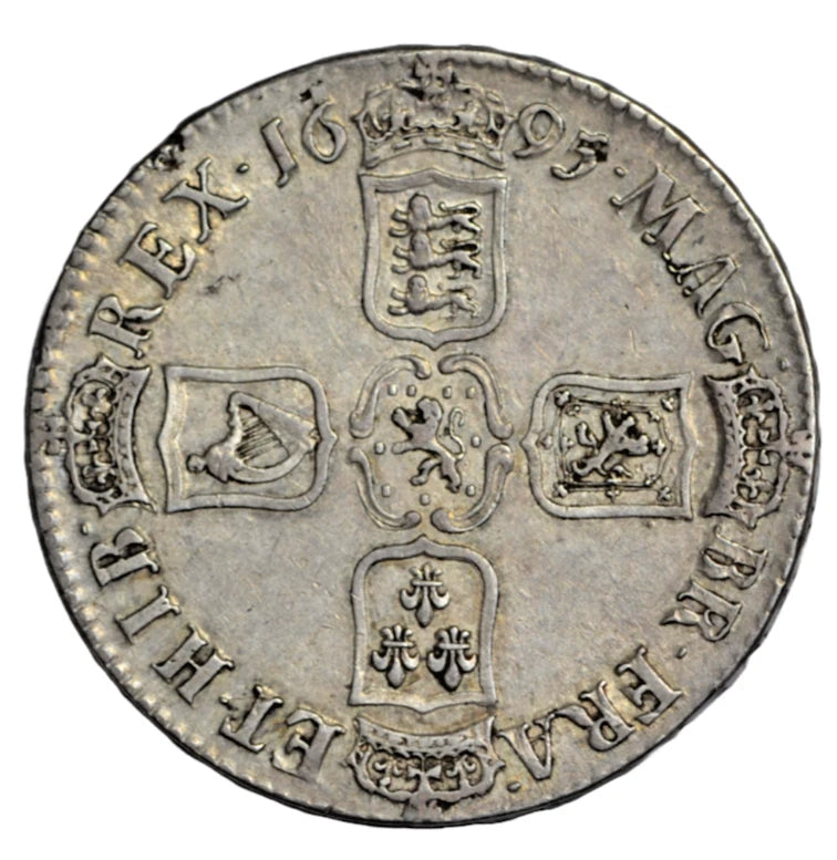 British, William III, silver crown 1695, edge reads SEPTIMO