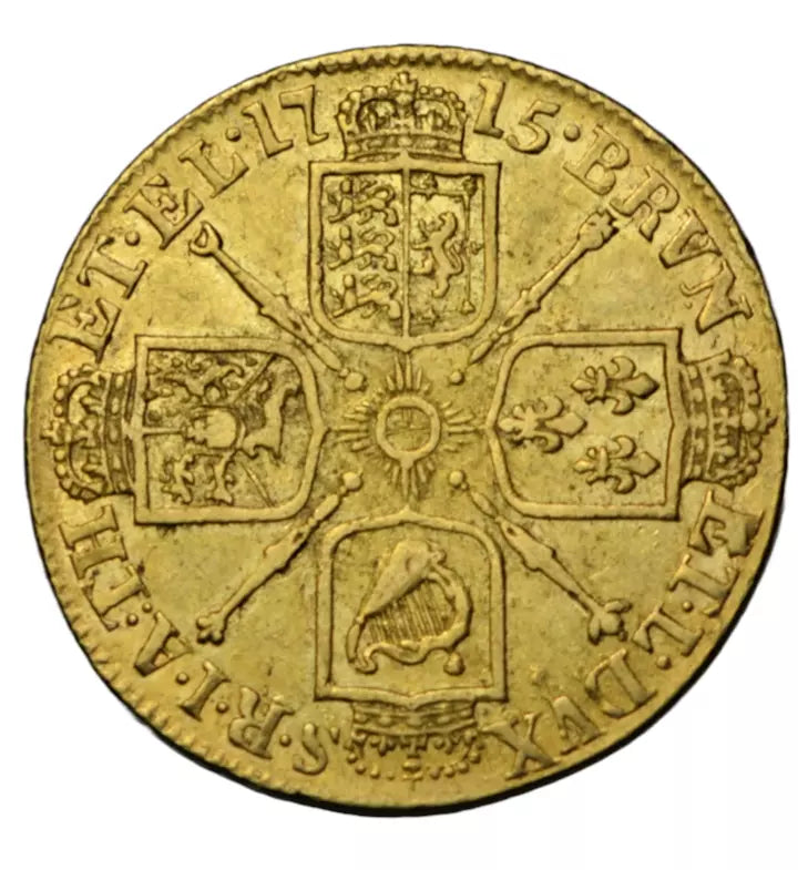 British, George I, gold guinea 1715, second bust, single curl under truncation