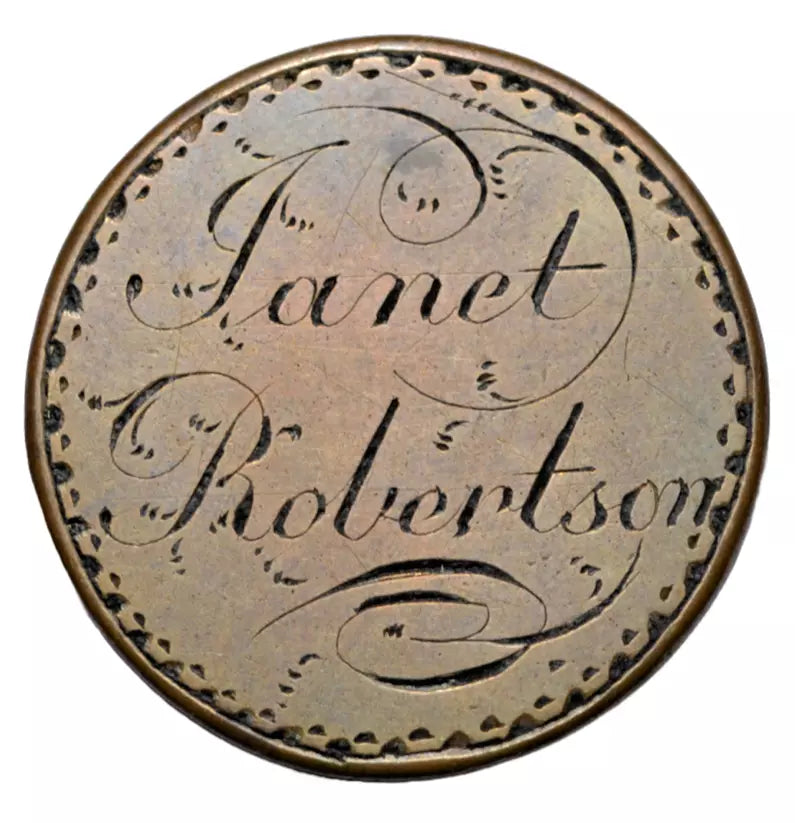 British tokens, Engraved love token c. 1750s-1770s, "Janet Robertson" on early milled halfpenny