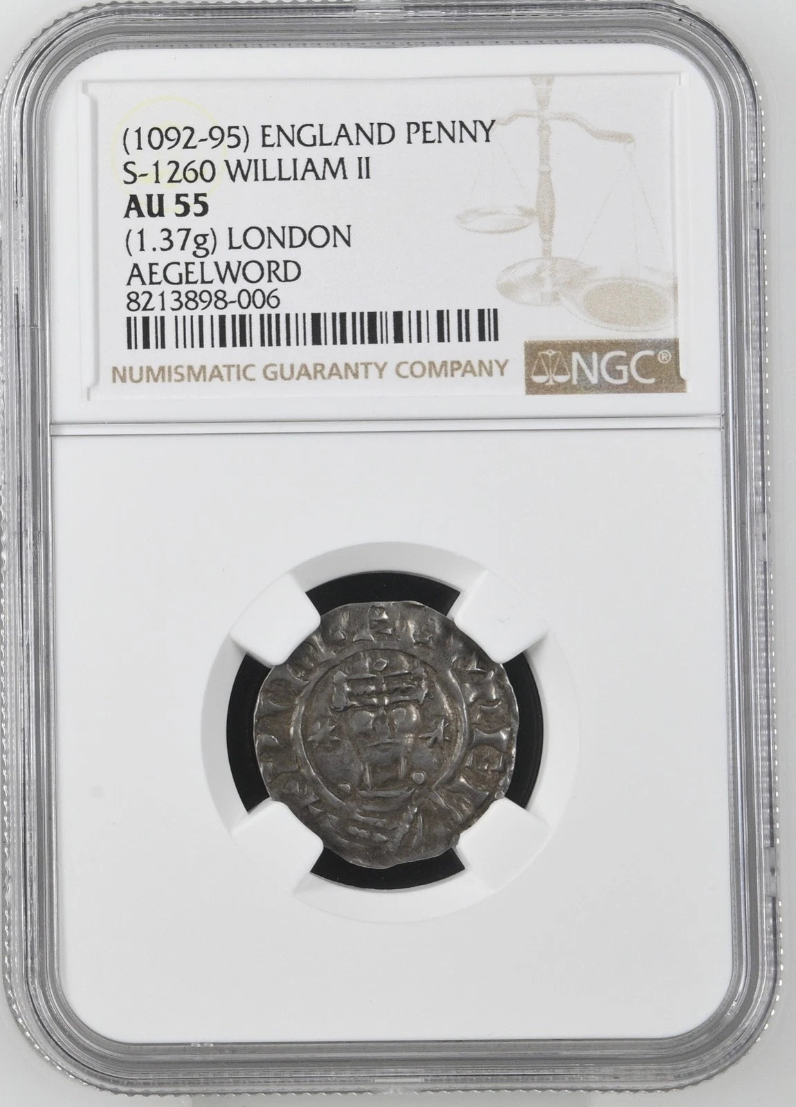 British hammered, William II, silver voided cross penny, c. 1092-5, Aegelword on London, NGC AU55