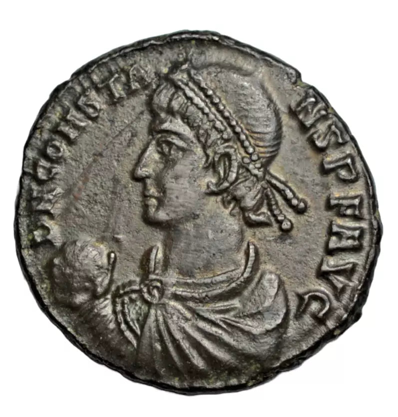 Roman Imperial, Constans, AE maiorina, Aquileia c. 348-50 AD, soldier leading man from hut