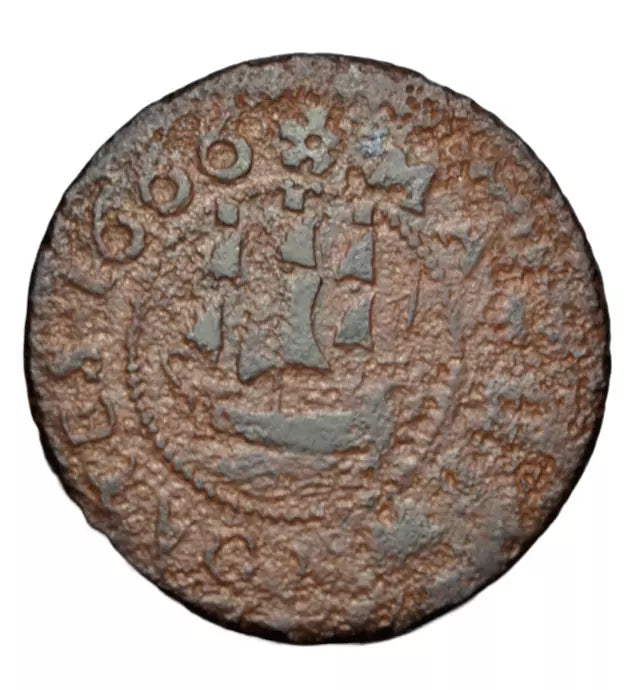 British tokens, Lincolnshire, Gainsborough, Mathew Coates, halfpenny token 1666, ship depicted