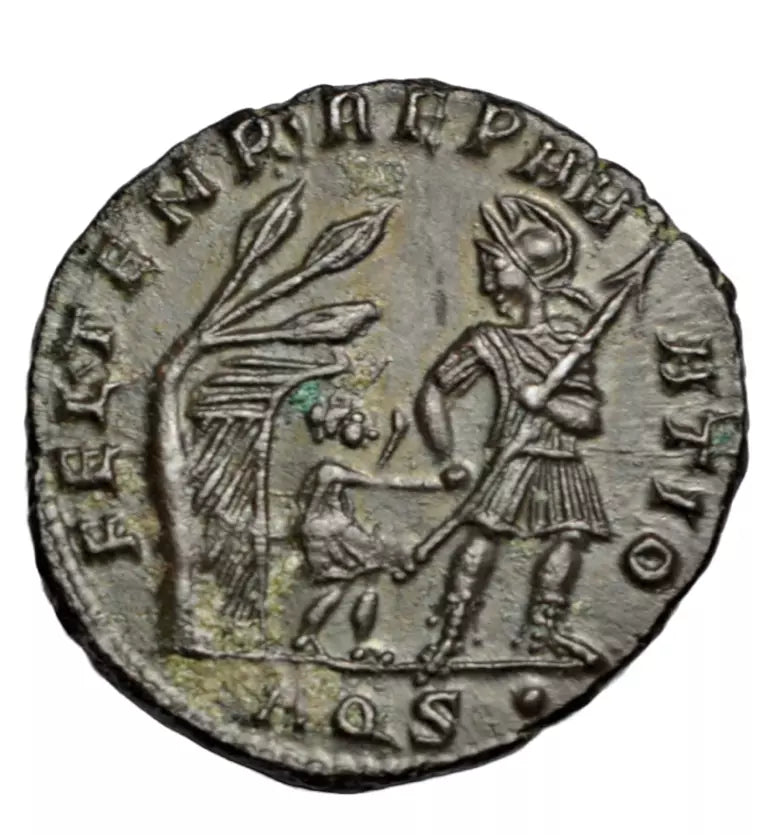 Roman Imperial, Constans, AE maiorina, Aquileia c. 348-50 AD, soldier leading man from hut