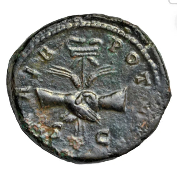Roman Imperial, Antoninus Pius as Caesar, AE as, Rome 138 AD, clasped hands, winged caduceus