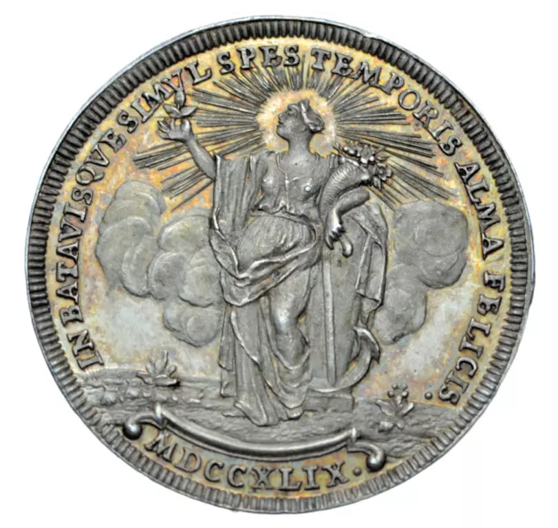 World, Netherlands, Peace of Aachen 1748, and New Year 1749, AR medal by Holtzhey