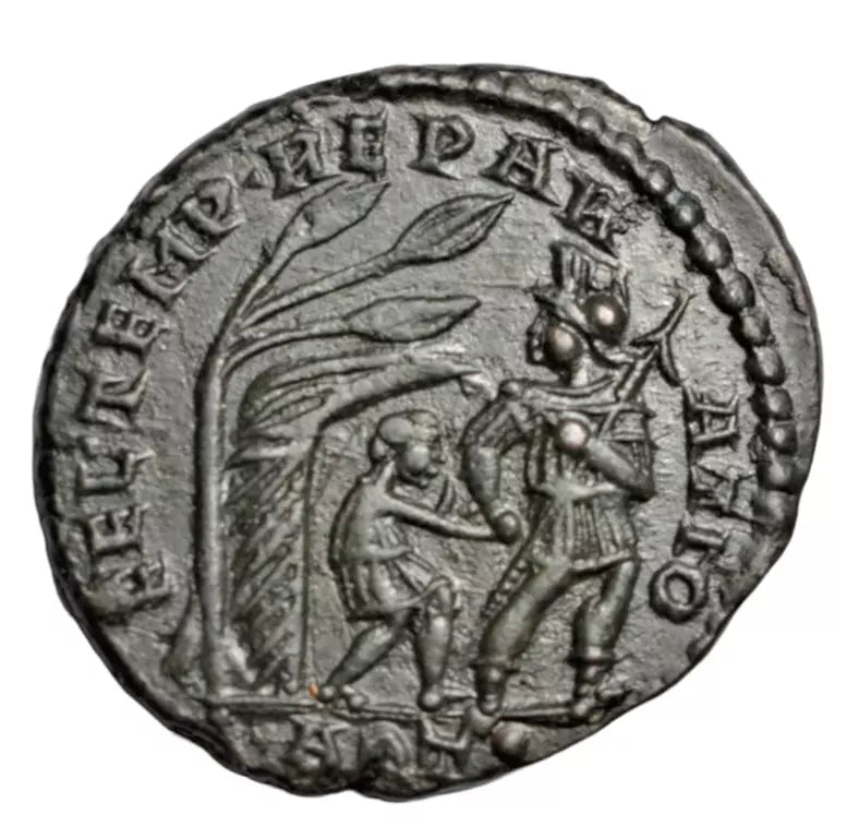 Roman Imperial, Constans, AE maiorina, Aquileia c. 348-50 AD, soldier leading man from hut