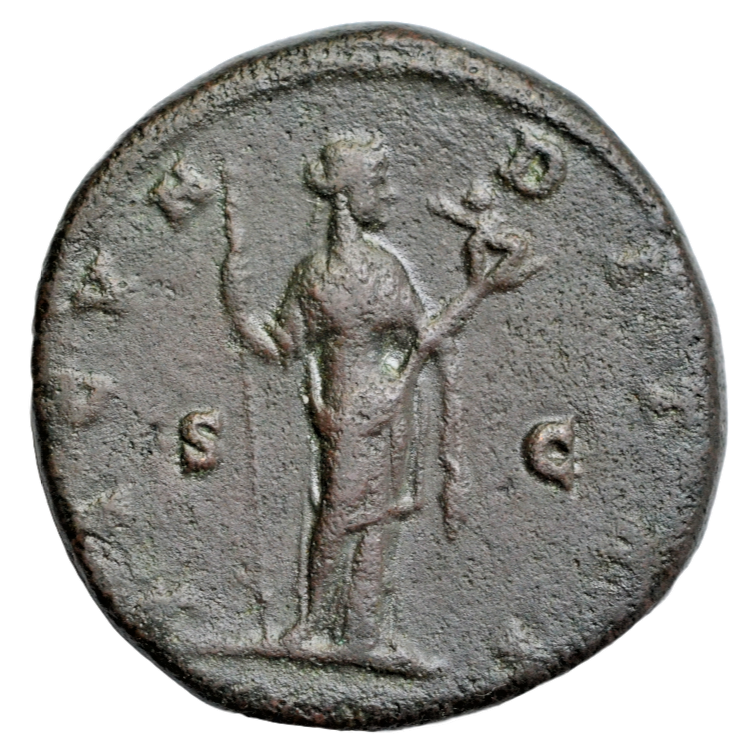 Roman Imperial, Faustina Junior (wife of Marcus Aurelius), AE sestertius c. 163-4 AD, Fecunditas