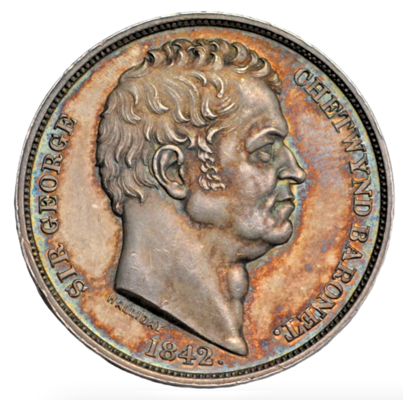 British tokens, Warwickshire, Grendon, Sir George Chetwynd, silver proof halfpenny token 1842