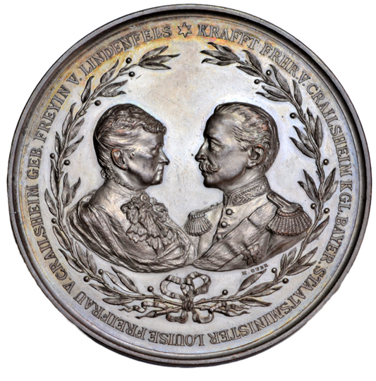 World, Germany, Bavaria, Fr. Krafft & Louise von Crailsheim, silver wedding medal, 1890