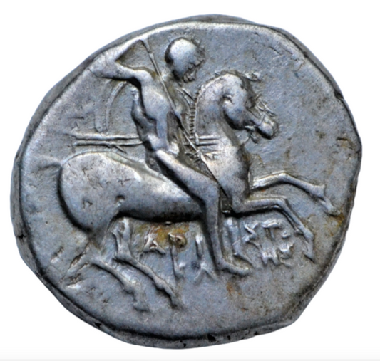 Greek, Calabria, Tarentum, c. 272-240 BC, silver nomos, horseman right/dolphin rider