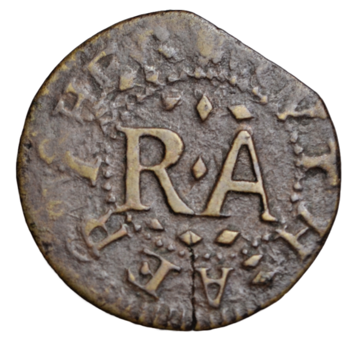 British tokens, Oxfordshire, Thame, Ruth Aeris, farthing token, struck over John Peryn, Moulton