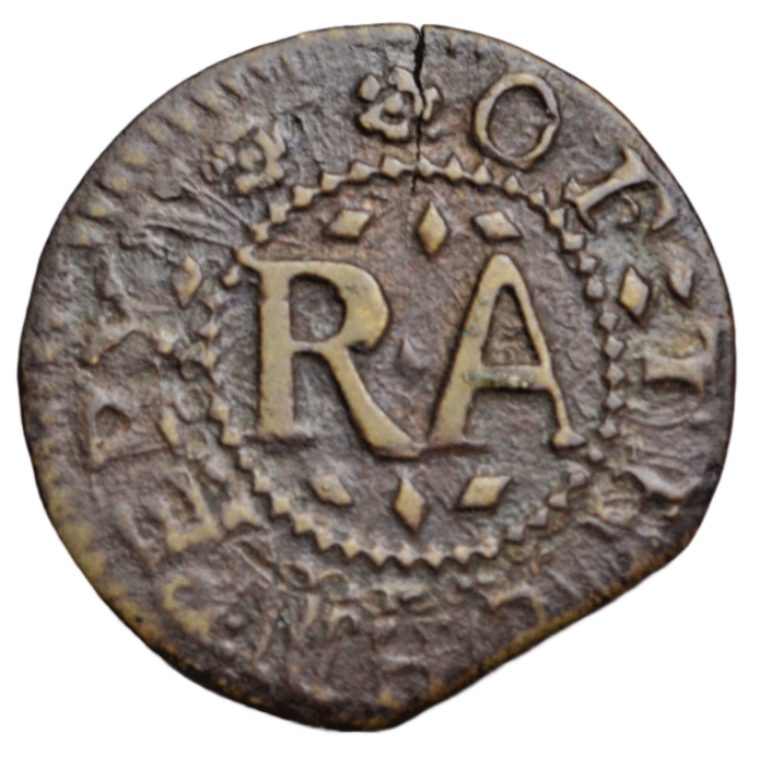 British tokens, Oxfordshire, Thame, Ruth Aeris, farthing token, struck over John Peryn, Moulton