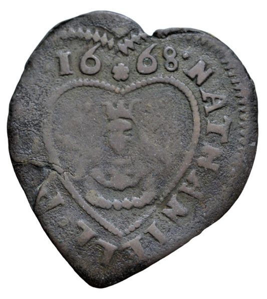 British tokens, Cheshire, Macclesfield Nathaniell Poole, mercer heart-shape halfpenny token 1668
