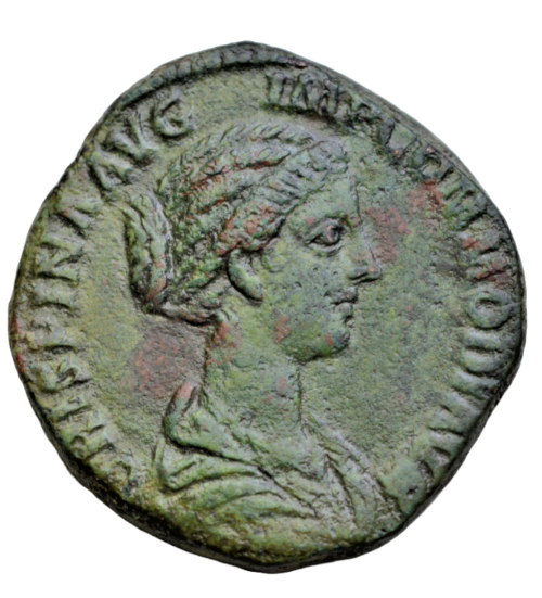 Roman Imperial, Crispina, AE sestertius, c. 180-3 AD, Salus seated left, feeding serpent