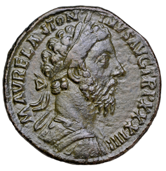 Roman Imperial, Marcus Aurelius, AE sestertius, Rome, 180 AD, Virtus seated right