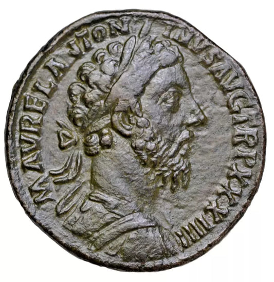 Roman Imperial, Marcus Aurelius, AE sestertius, Rome, 180 AD, Virtus seated right