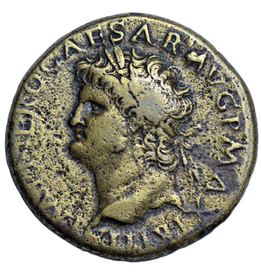 Roman Imperial, Nero, brass sestertius, 67 AD, Lugdunum (Lyons) mint, Roma seated left