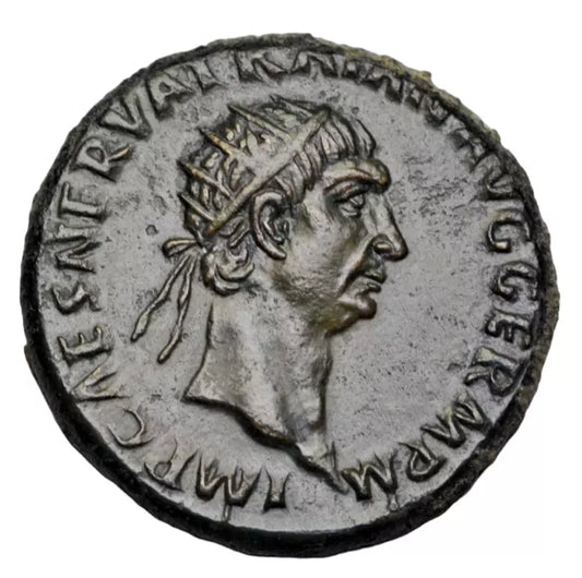 Roman Imperial, Trajan, AE dupondius, Rome c. 98-9 AD, Abundantia seated left