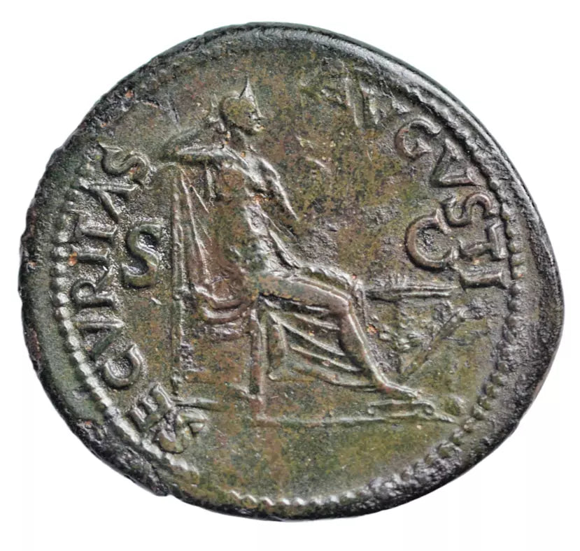 Roman Imperial, Nero AE dupondius. Lugdunum 62-68 AD. Securitas holding short sceptre. RIC I 445