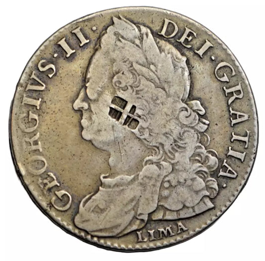 British, George II, halfcrown 1746, LIMA, with unresearched countermark on obverse