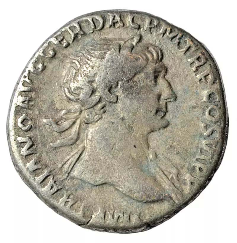 Roman Imperial, Trajan, AR denarius, Rome 112-4 AD, Via Trajana holding wheel RIC II 266