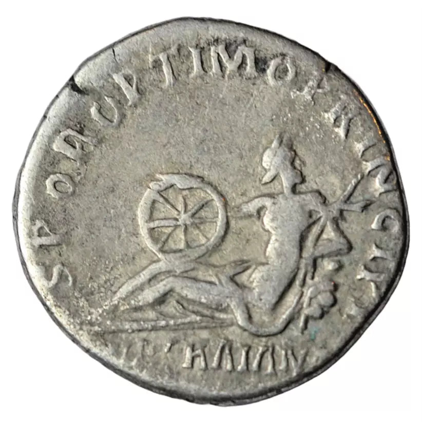 Roman Imperial, Trajan, AR denarius, Rome 112-4 AD, Via Trajana holding wheel RIC II 266