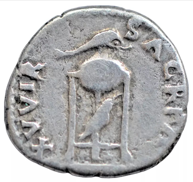 Roman Imperial, Vitellius, AR denarius Rome 69 AD. Tripod-lebes with dolphin & raven. RIC 86