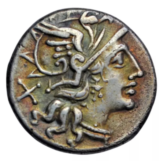 Roman Republican, Roman Republic, Decimus Flavius, silver denarius 150 BC, Roma/Diana Lucifera