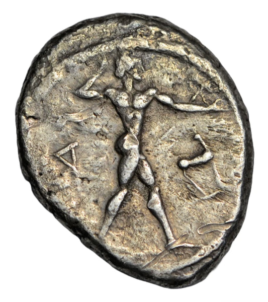 Greek, Bruttium, Kaulonia, AR stater c. 450 BC, Apollo advancing right/stag, branch