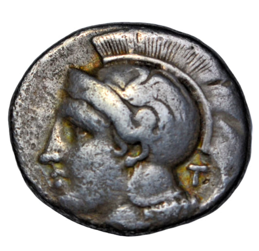 Greek, Lucania, Velia, AR nomos c. 340-334 BC, Athena/lion attacking stag, ivy leaf