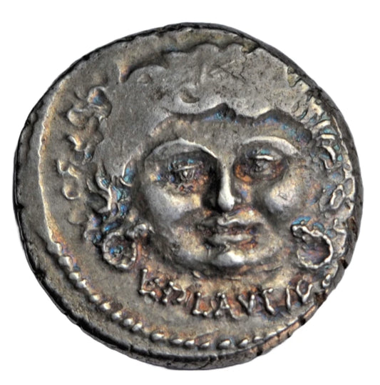 Roman Republican, Roman Republic, L. Plautius Plancus, AR denarius 47 BC, Gorgon Medusa/Aurora